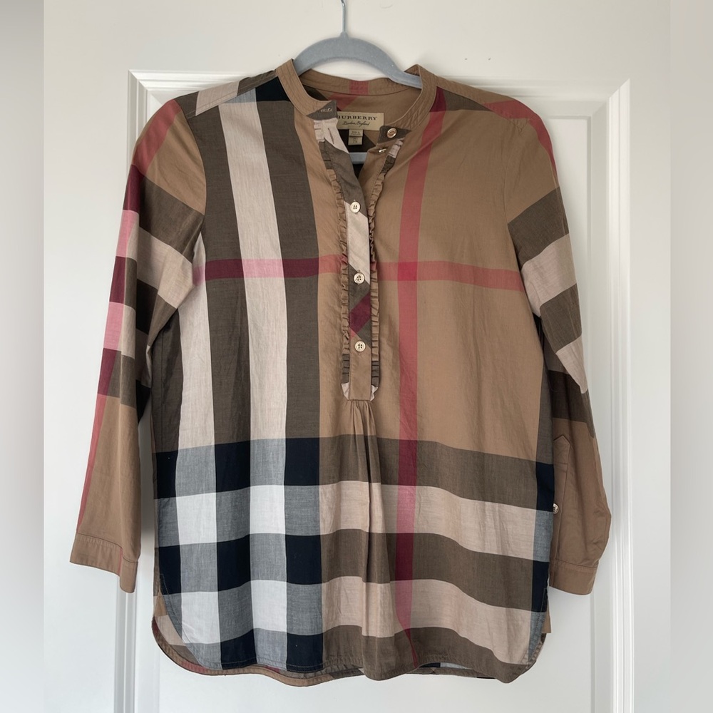 Burberry Brit Plaid Mock Neck Button-Up Top